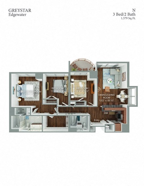 Floor plan for 3 beds, 2 baths, 1579 sqft